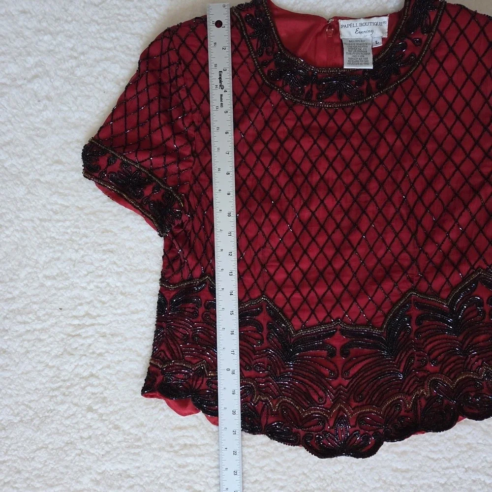 PAPELL BOUTIQUE EVENING BEADED BLOUSE WOMEN'S L 100% SILK VINTAGE RED FLORAL - Picture 7 of 7